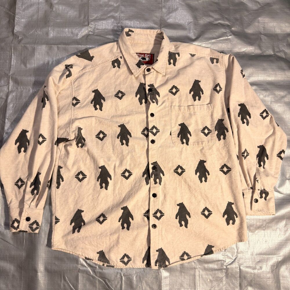 Vintage 90s True Grit Flannel Shirt Mens Large USA Made Southwestern Bear Print